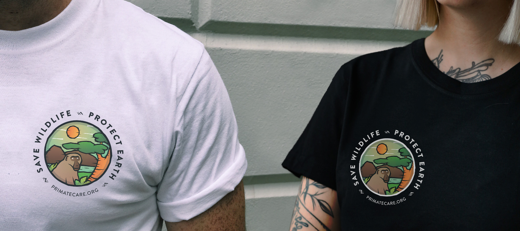 Man and woman wearing printed t-shirt